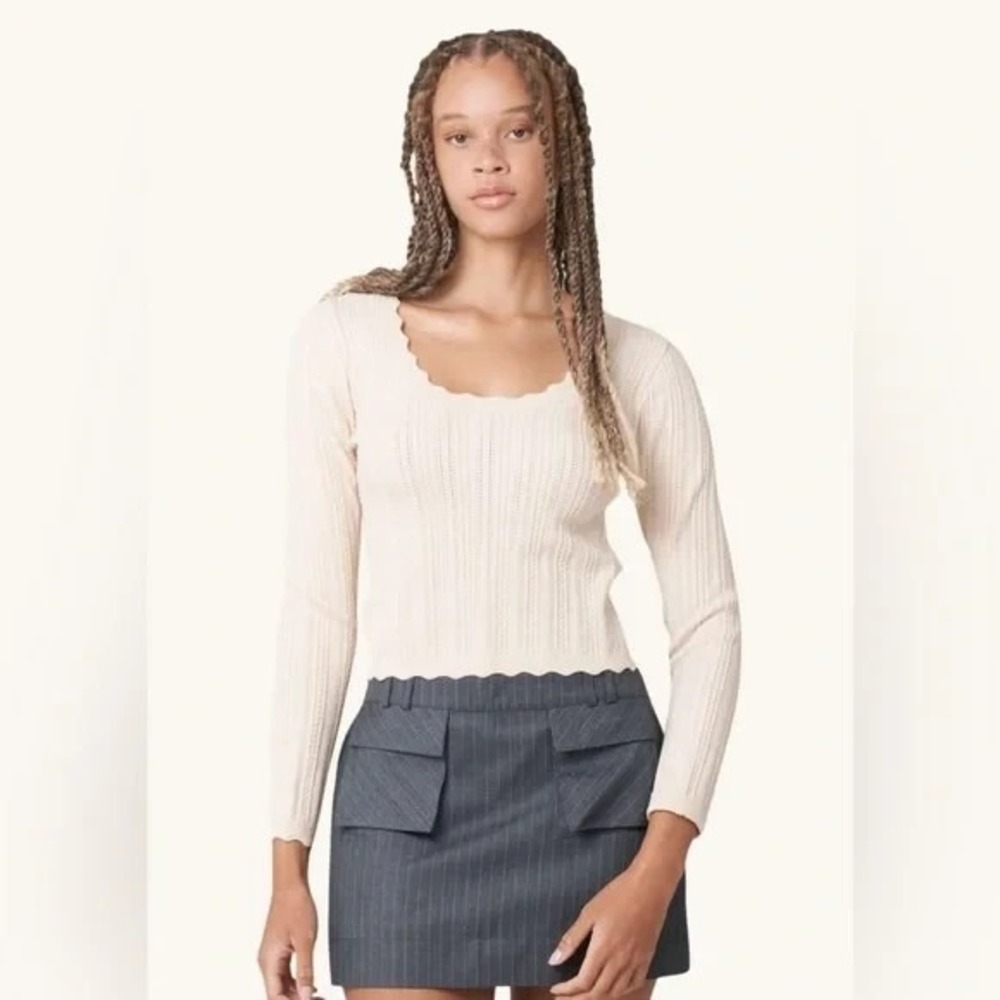 Find Me Now Sweater NWT Sz M / L Cream Scalloped Trim Stretch Knit Classic Femme